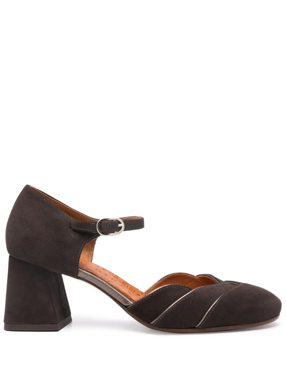 Chie Mihara Grini dark brown suede Mary Jane d'Orsay pump with silver metallic trim and mid block heel, handmade in Spain

