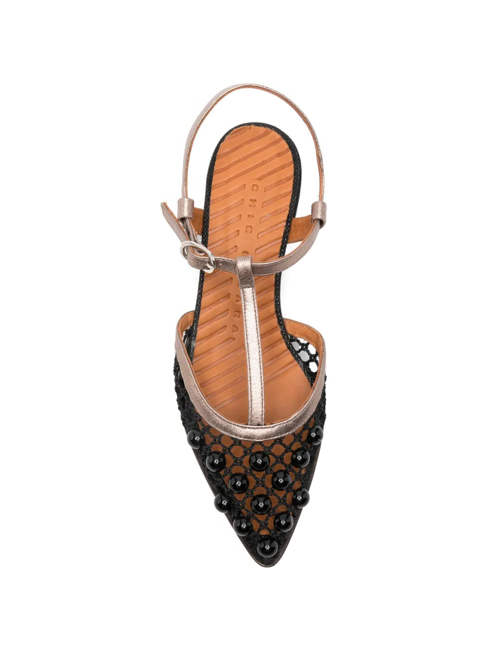 Chie Mihara Hagila black mesh pearl embellished and silver metallic T-strap shoe, leather sole with non-slip rubber pad, known for exceptional comfort and fit, handmade in Spain

