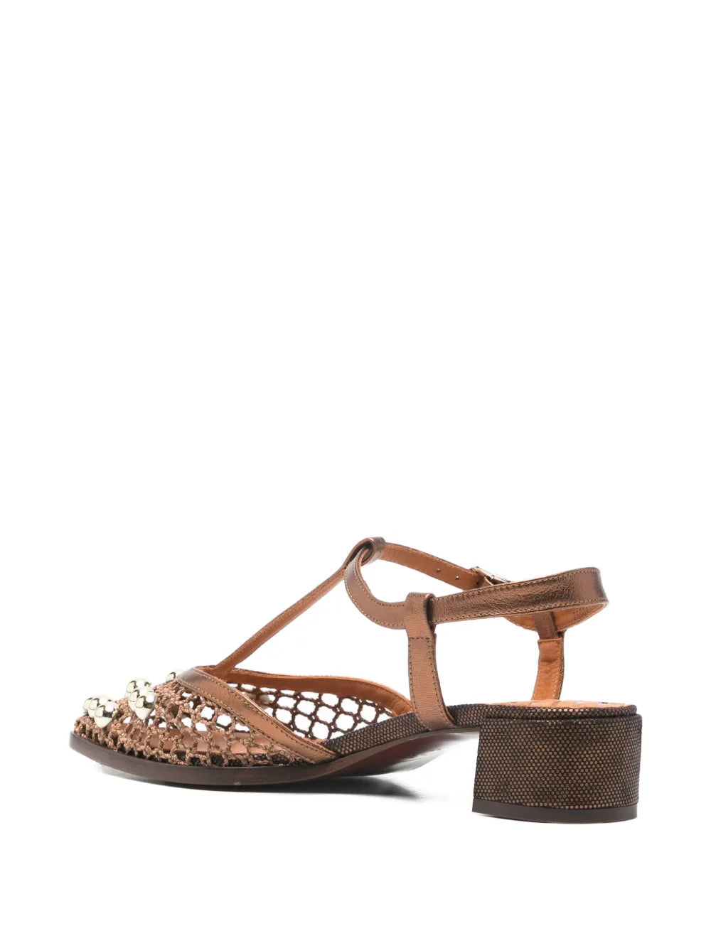 Chie Mihara Hagila women's bronze and gold mesh pearl embellished shoe with metallic T-strap and block heel, luxury shoes made in Spain