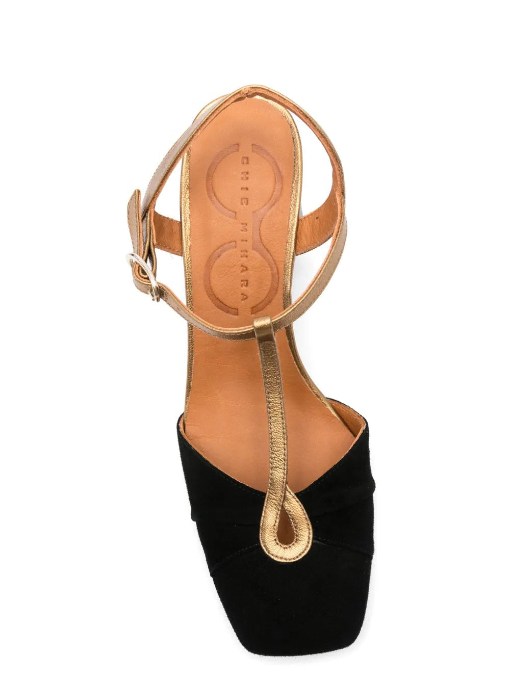 Chie Mihara Hazel black suede and gold metallic T-strap sandal, Chie Mihara leather insole, designer comfort sandals made in Spain

