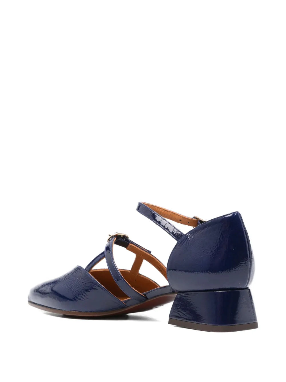 Chie Mihara Heida women's navy blue crinkle patent leather double strap pump, stylish comfortable low block heel, European designer shoes made in Spain