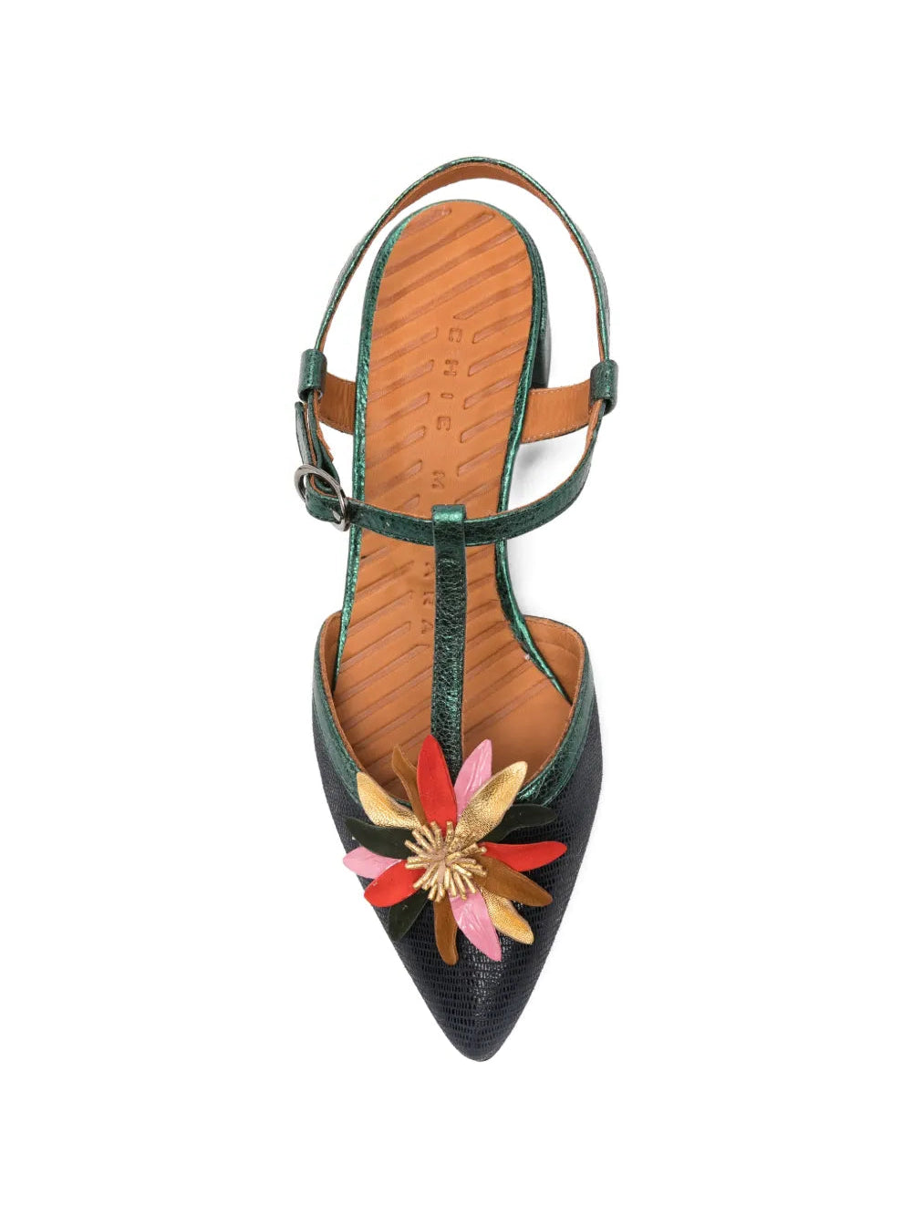 Chie Mihara Heleni navy blue and green metallic leather shoe with multicolor flower appliqué and block heel, handmade in Spain


