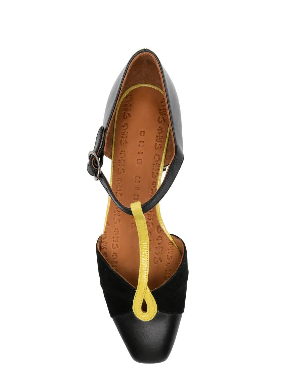 Chie Mihara Hernani designer comfort shoes, premium leather insole and yellow leather T-bar detail, sustainable craftsmanship footwear made in Spain

