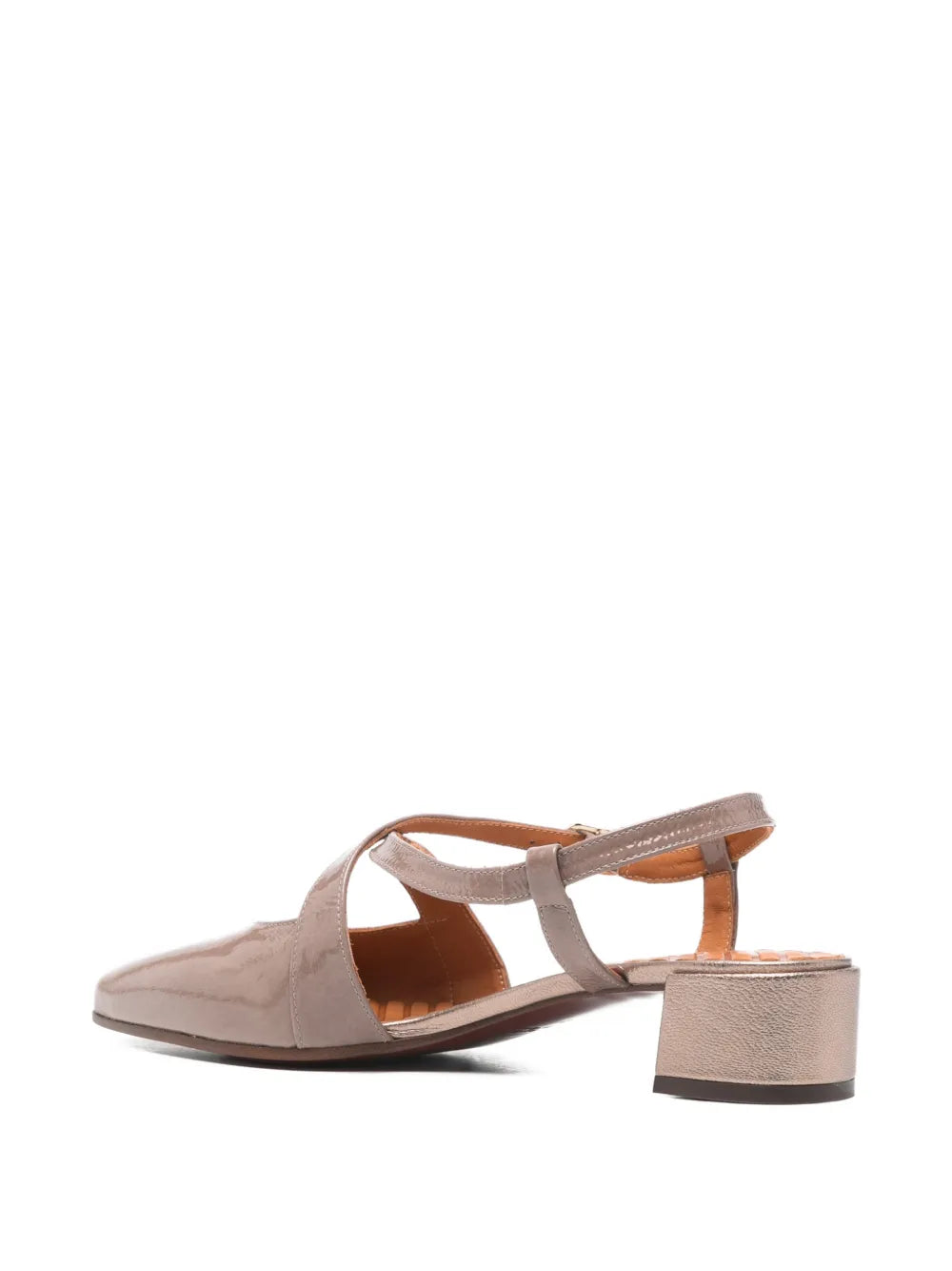 Chie Mihara Hesana women's taupe grey patent leather cross-strap slingback shoe with block heel, luxury shoes made in Spain