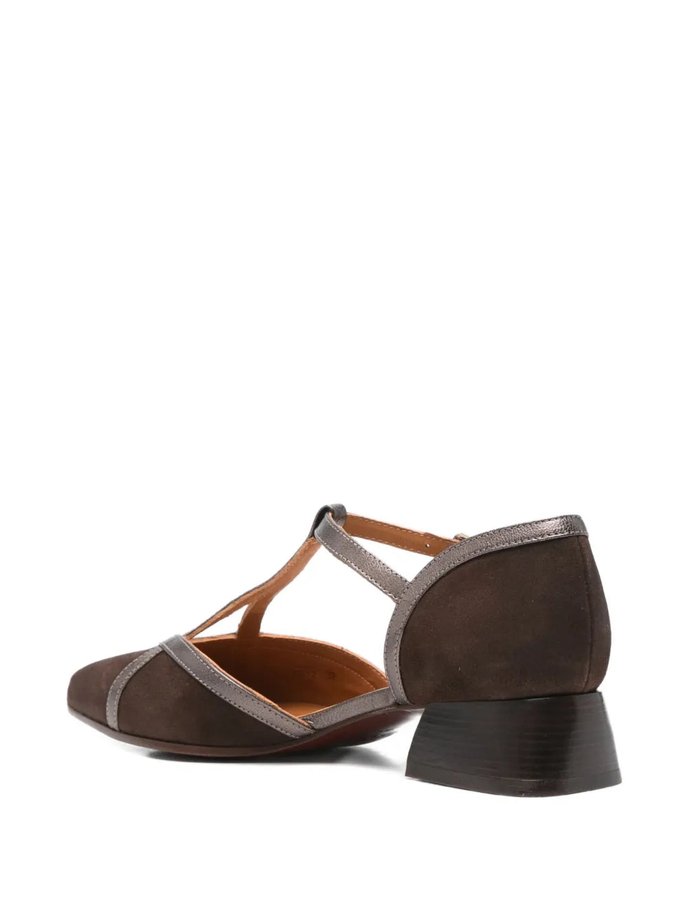 Chie Mihara Hidrow women's dark brown suede and pewter metallic leather T-strap pump, comfortable low block heel, European designer shoes made in Spain