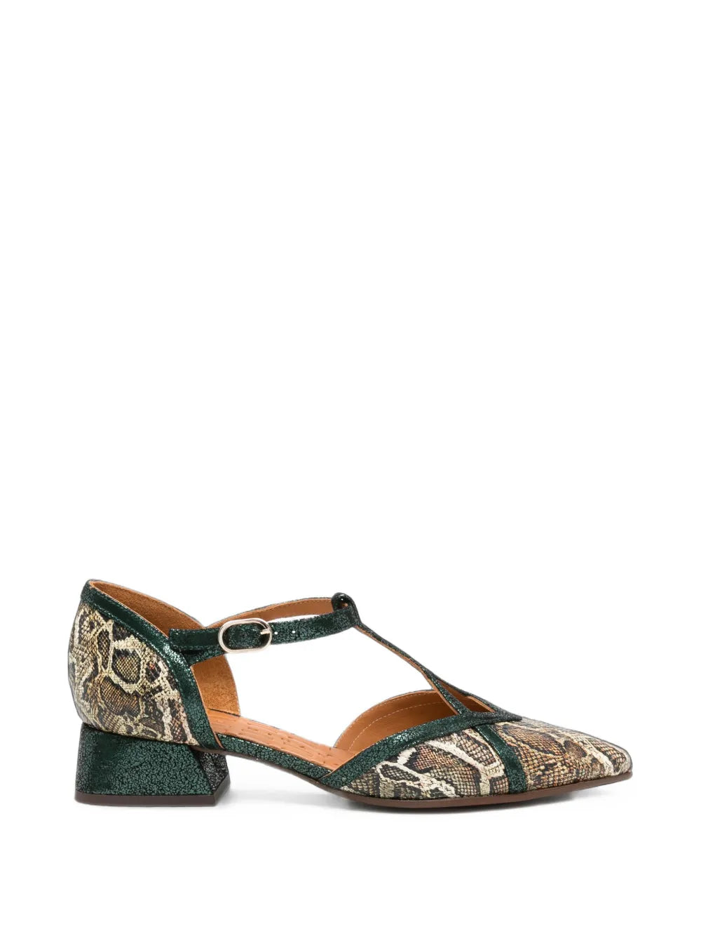 Chie Mihara HIDROW low heel T-strap shoe in natural snakeskin print with crystal green metallic straps