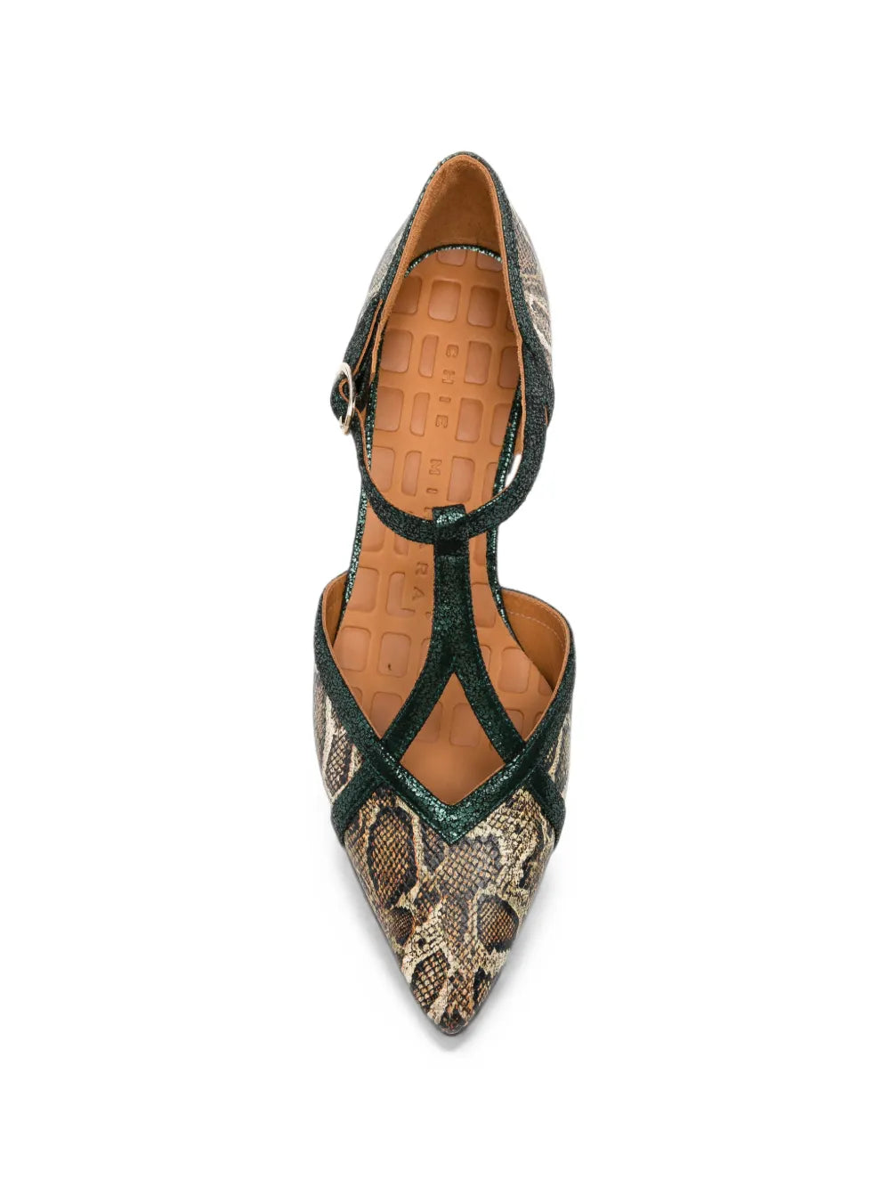 Chie Mihara HIDROW low heel T-strap shoe in natural snakeskin print with crystal green metallic straps