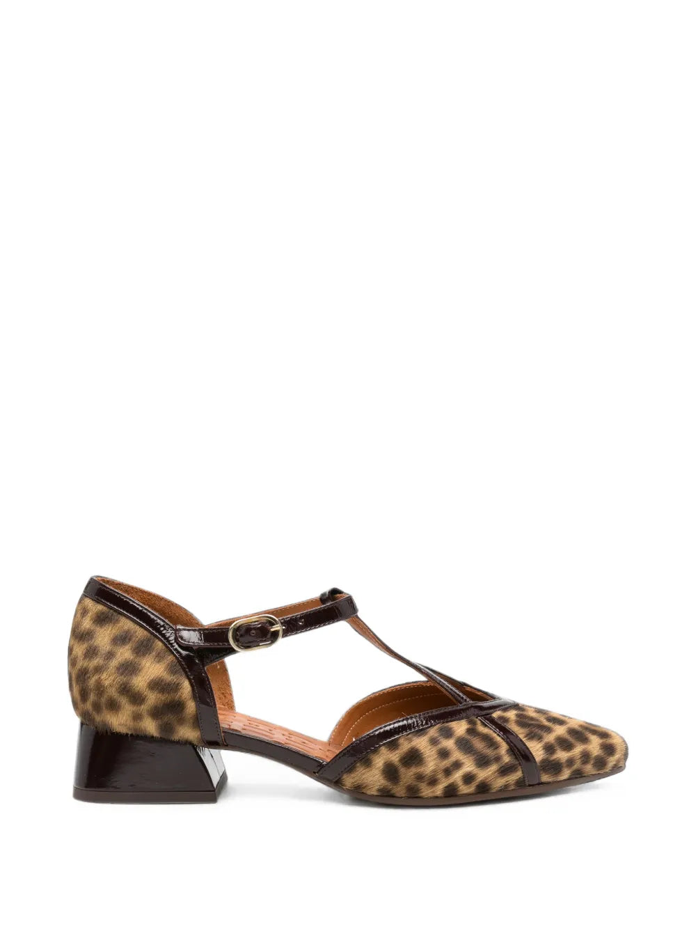 Chie Mihara HIDROW low heel T-strap shoe in natural snakeskin print with grape metallic straps