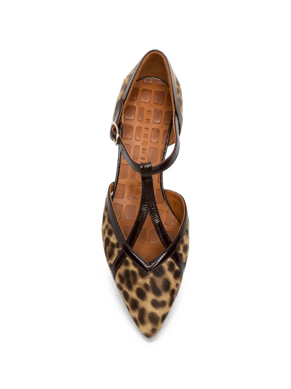 Chie Mihara HIDROW low heel T-strap shoe in natural snakeskin print with grape metallic straps