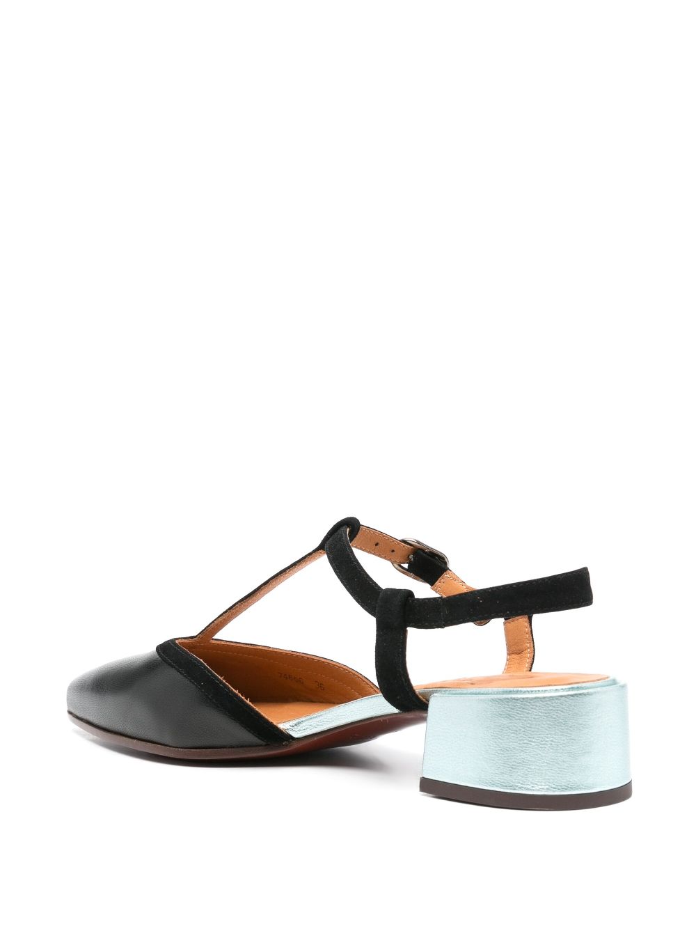 Chie Mihara Jamedi black leather and suede T-bar slingback pump, light blue metallic low block heel, artisan leather shoes made in Spain

