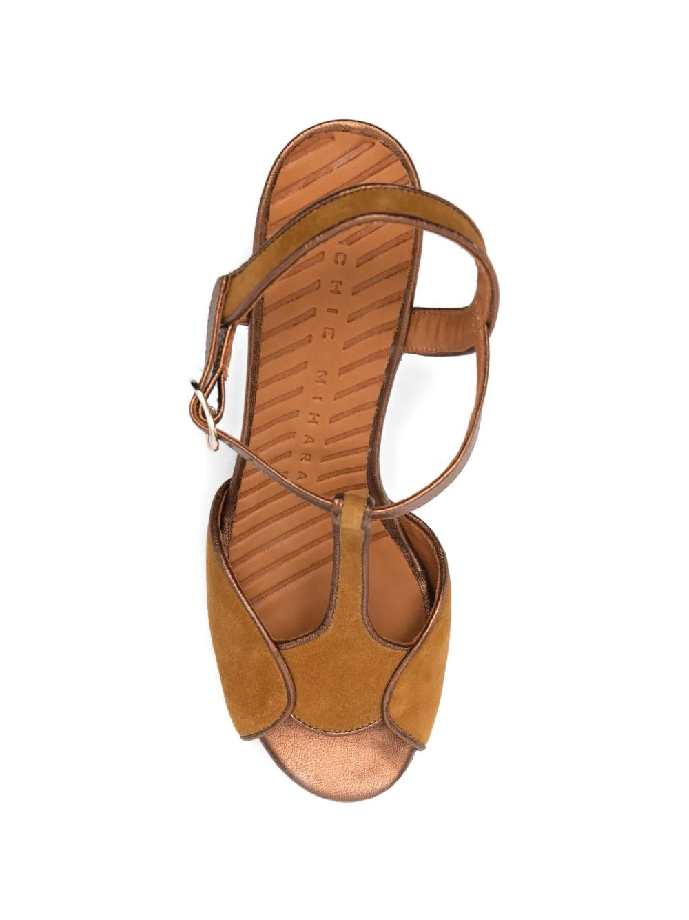 Chie Mihara Keduni camel suede and copper metallic platform sandal, leather sole with non-slip rubber pad, known for exceptional comfort and fit, handmade in Spain
