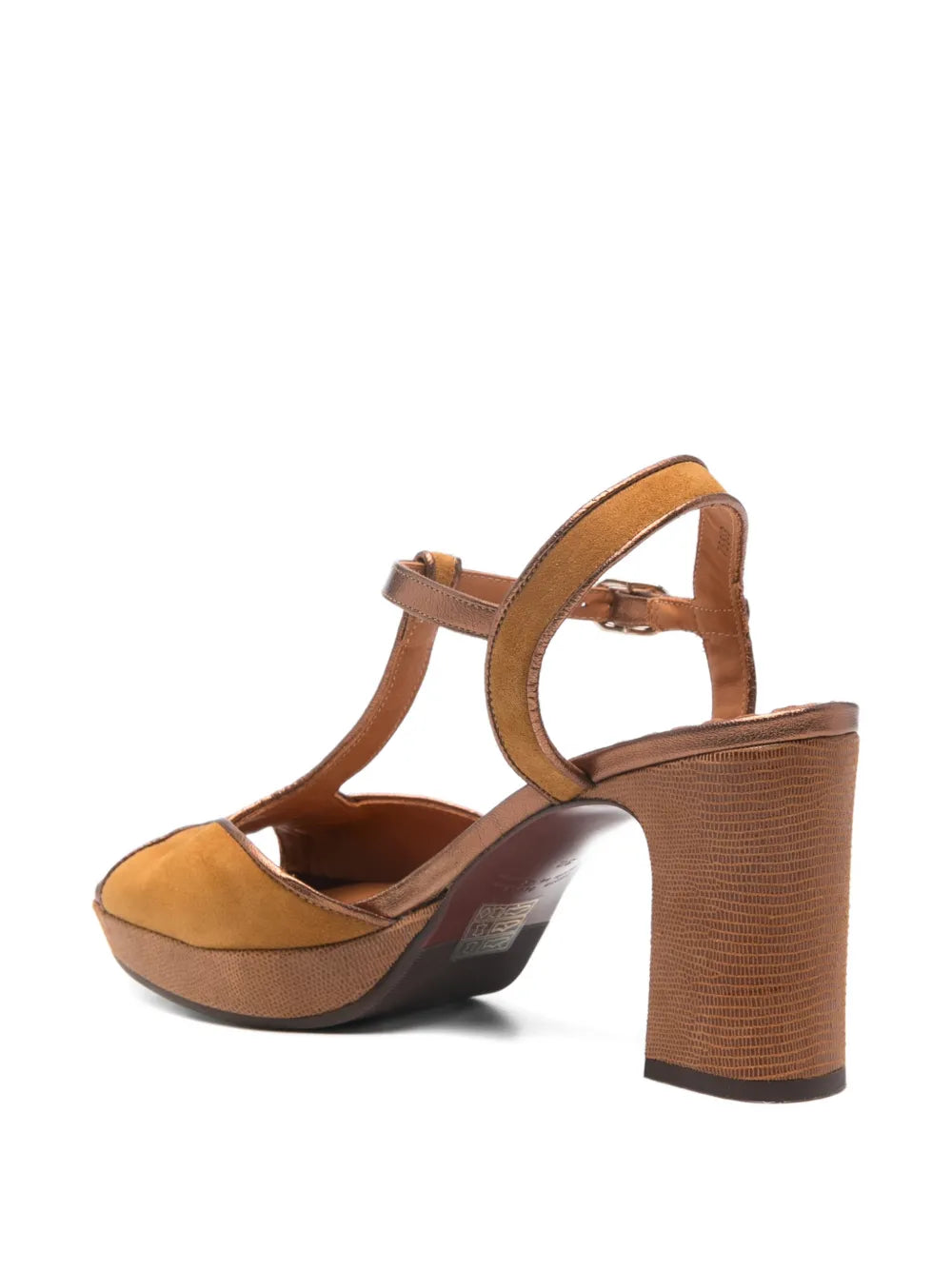 Chie Mihara Keduni women's tan cognac suede and bronze copper metallic T-strap platform sandal with lizard texture block heel, luxury shoes made in Spain