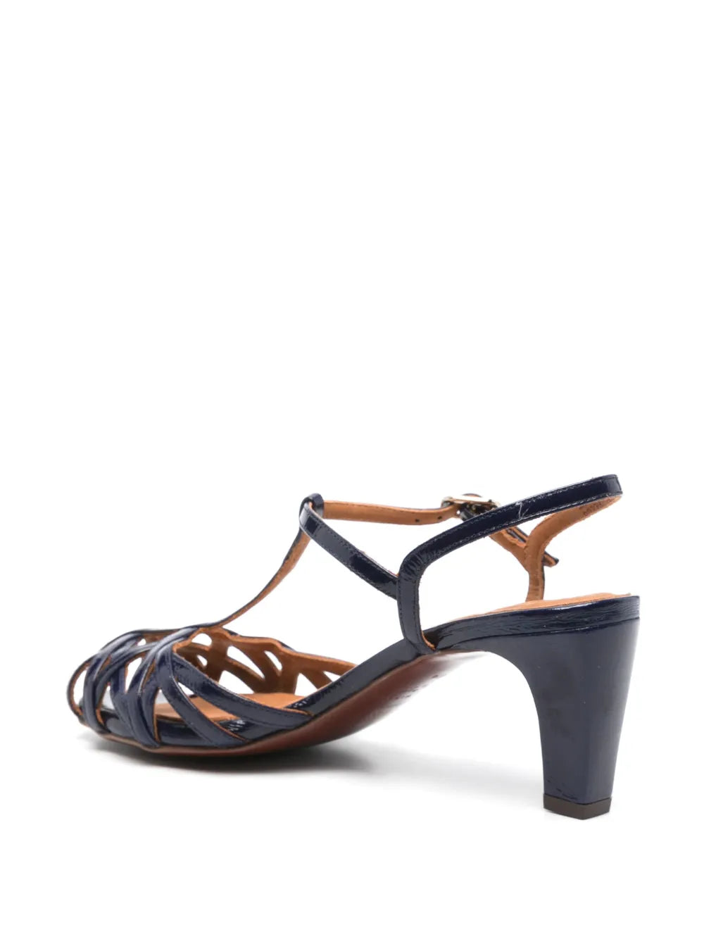Chie Mihara Keiko navy blue crinkle patent leather cage T-strap sandal, top view with Chie Mihara leather insole, designer comfort sandals made in Spain

