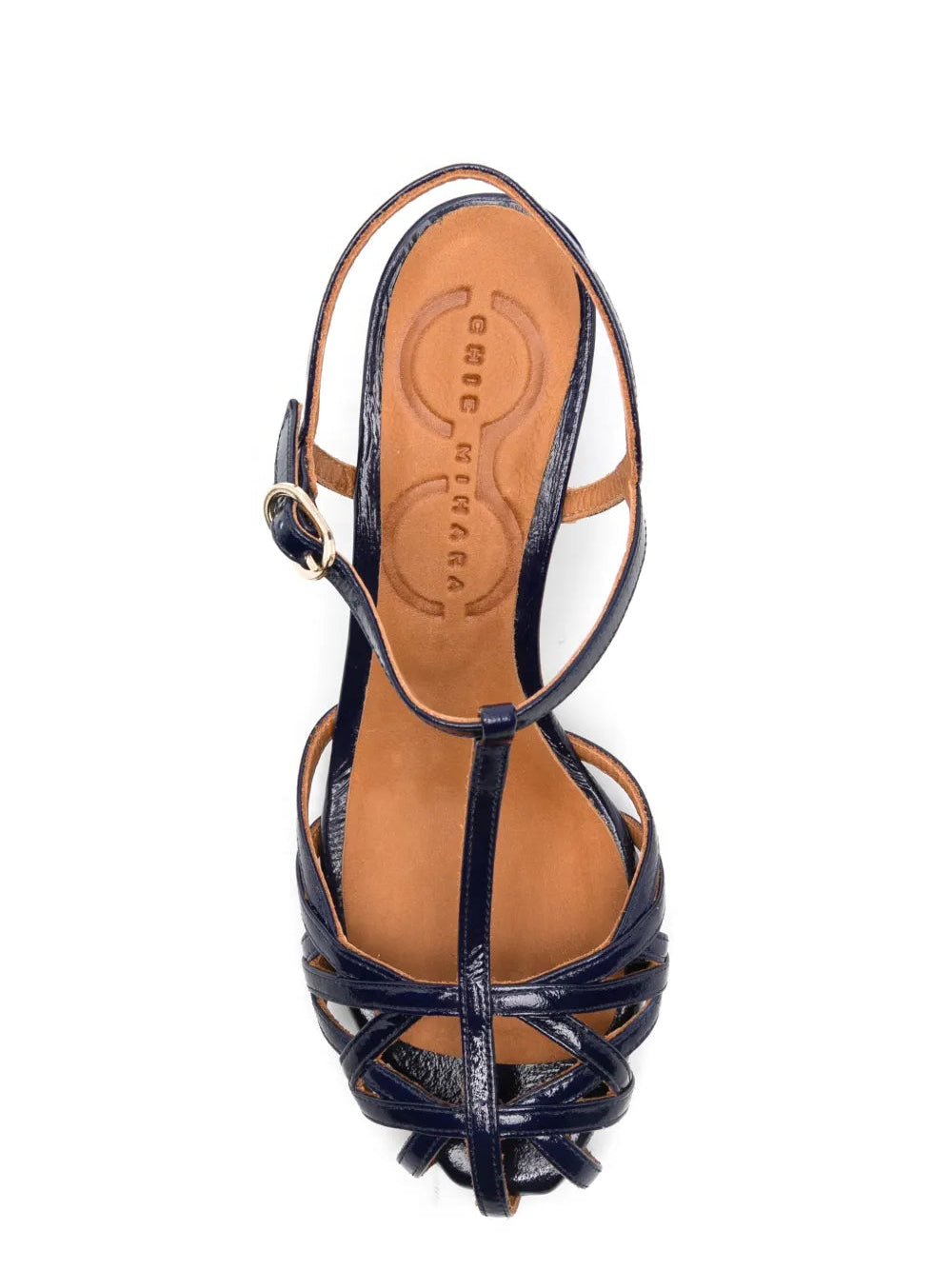 Chie Mihara Keiko navy blue crinkle patent leather cage T-strap sandal, comfortable mid heel and ankle strap buckle, premium leather footwear



