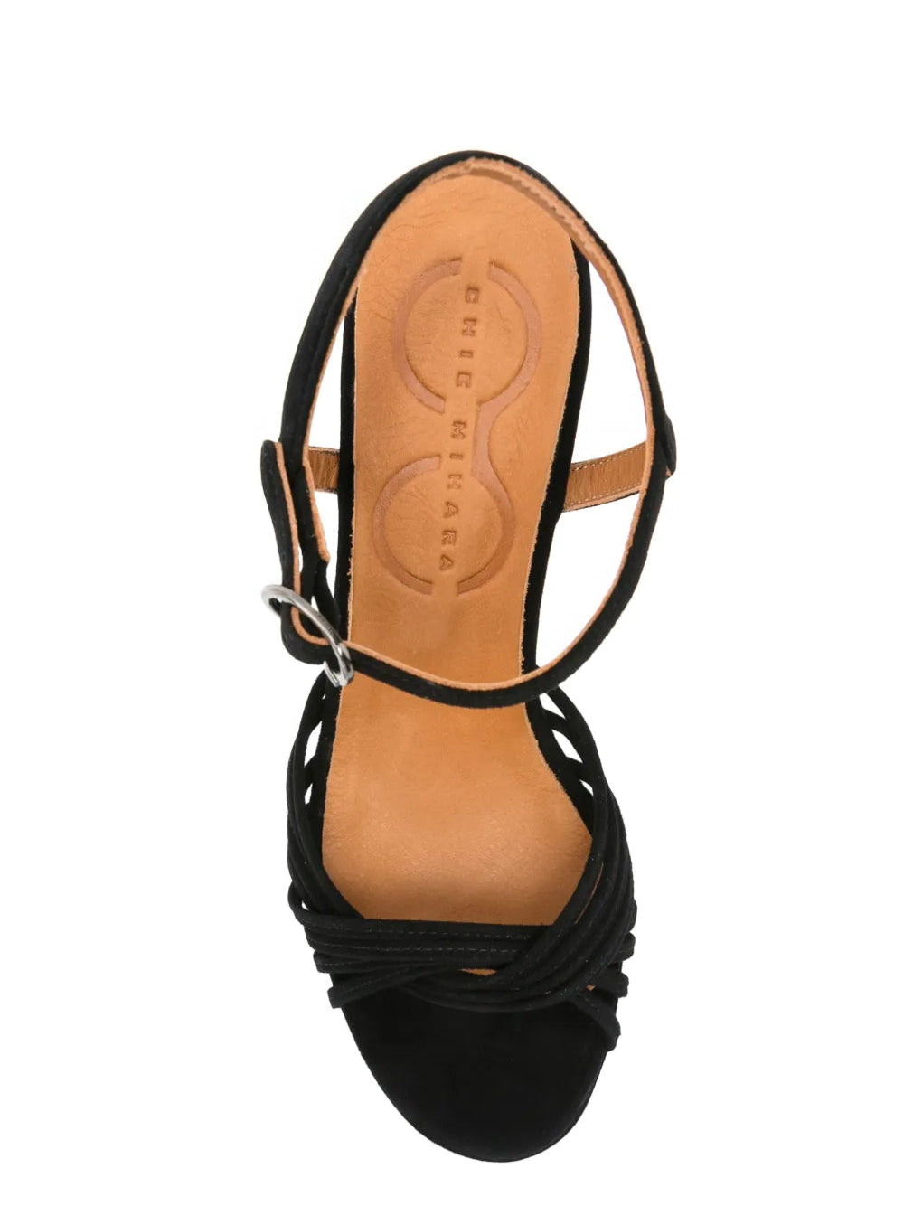 Chie Mihara Keske black suede knotted multi-strap platform sandal, top view with Chie Mihara leather insole, designer comfort sandals made in Spain


