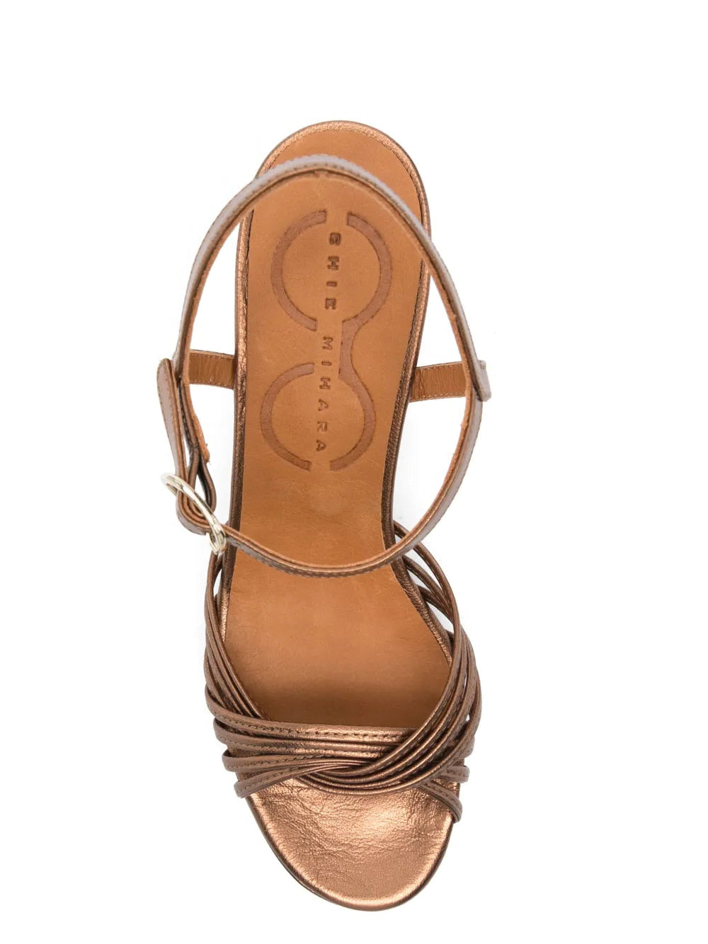 Chie Mihara Keske bronze metallic sandal, leather insole with brand stamp, multi-strap detail
