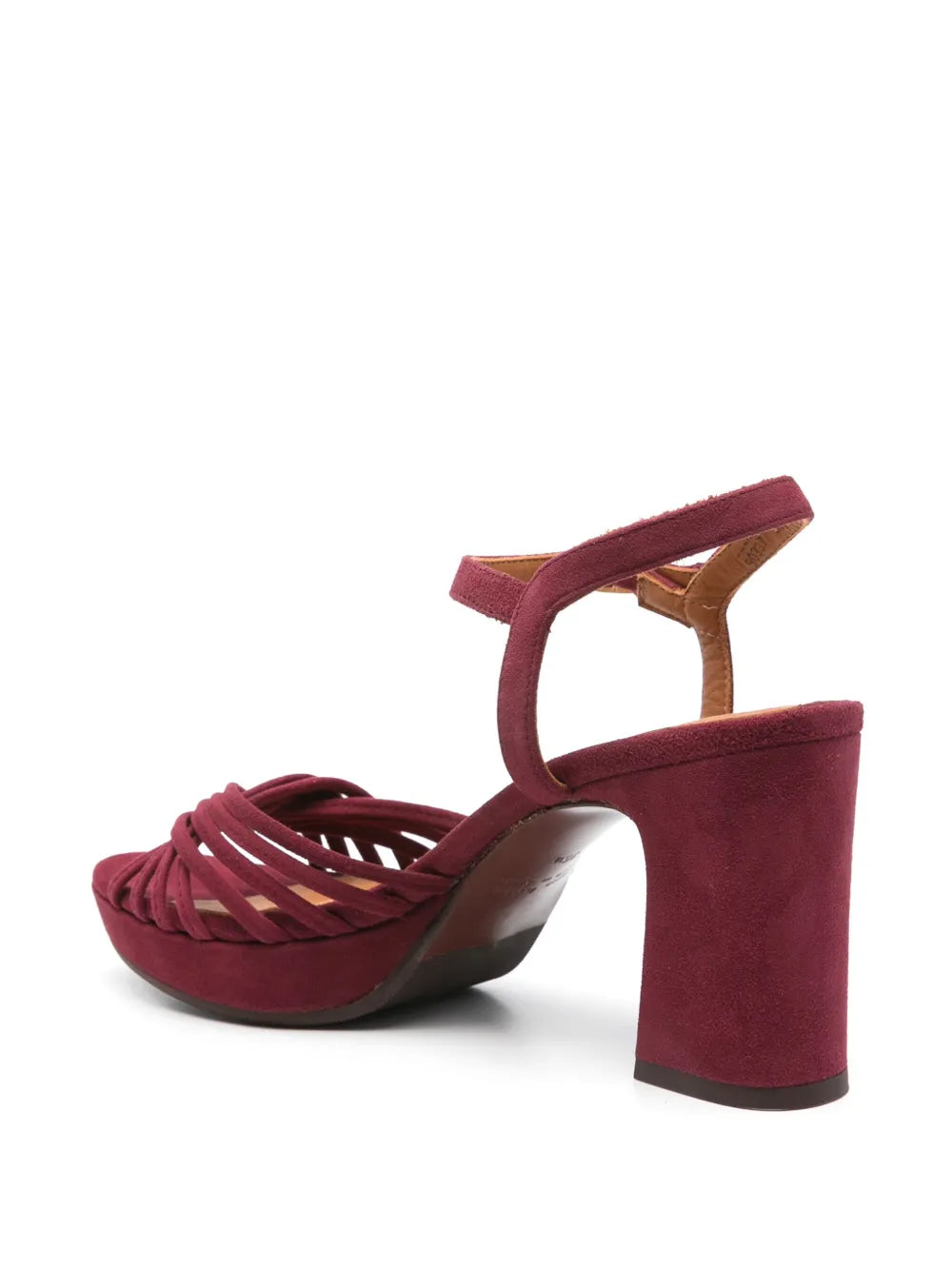 Chie Mihara Keske women's garnet suede multi-strap platform sandal with high block heel, vintage inspired footwear made in Spain

