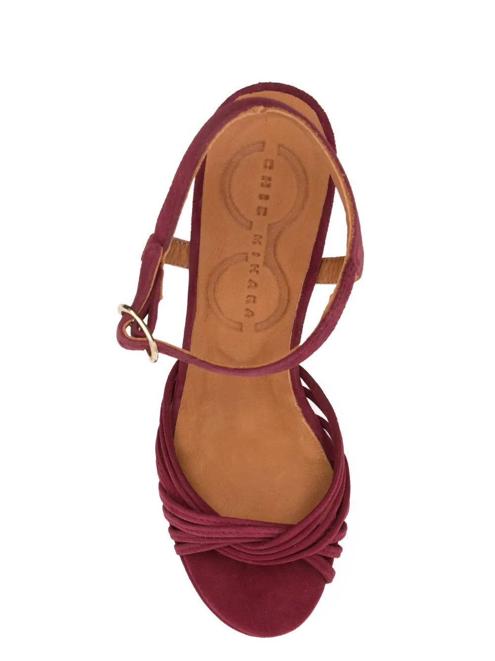 Chie Mihara Keske garnet suede multi-strap platform sandal, top view with Chie Mihara leather insole, designer comfort sandals made in Spain

