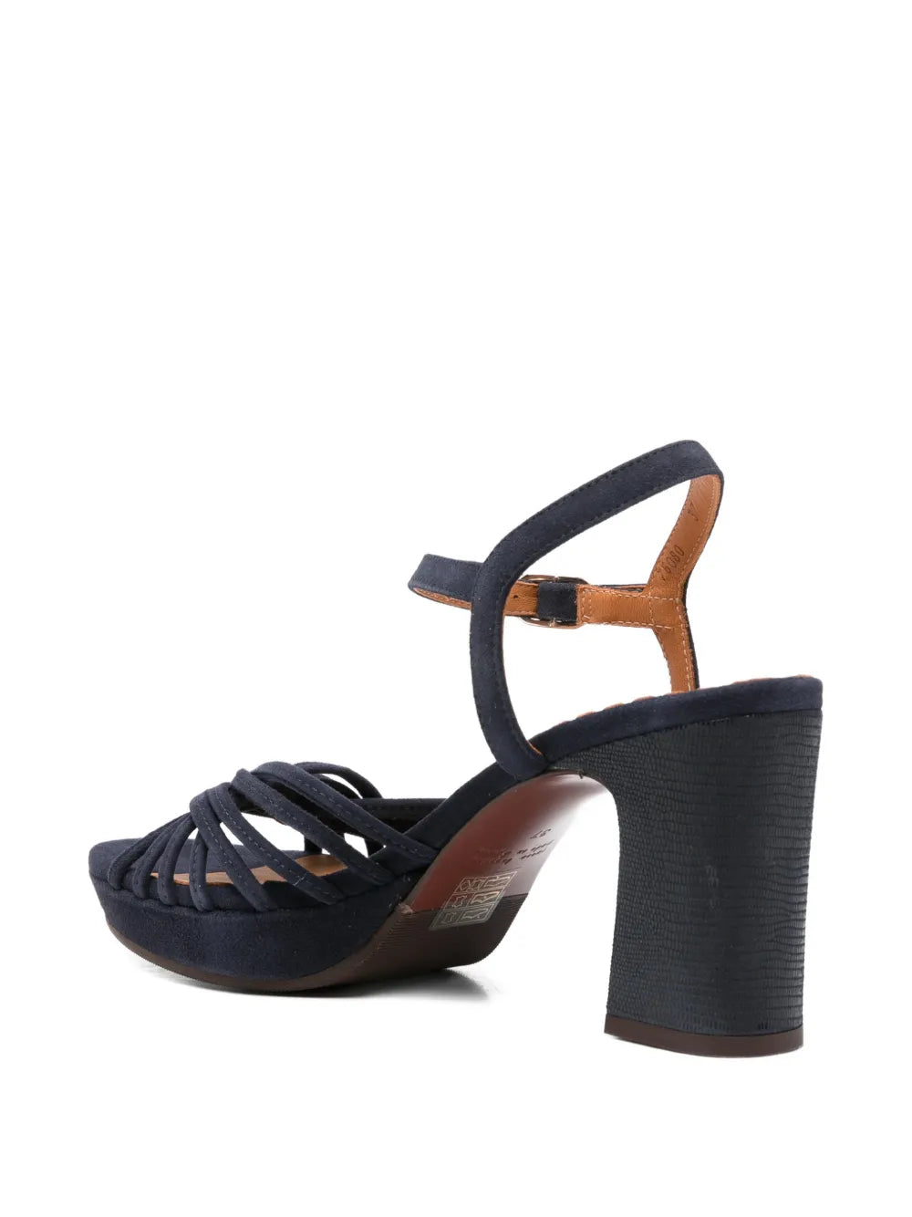 Chie Mihara navy heeled sandal with ankle strap and buckle closure