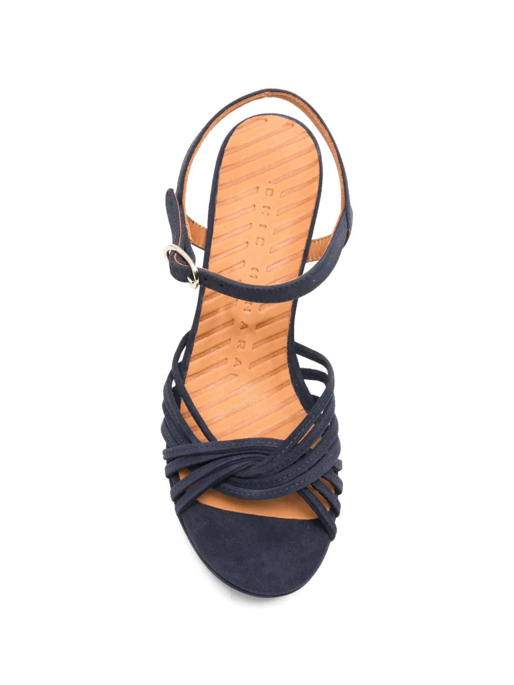 Chie Mihara Keske navy suede sandal, cork and leather insole detail, knotted multi-strap