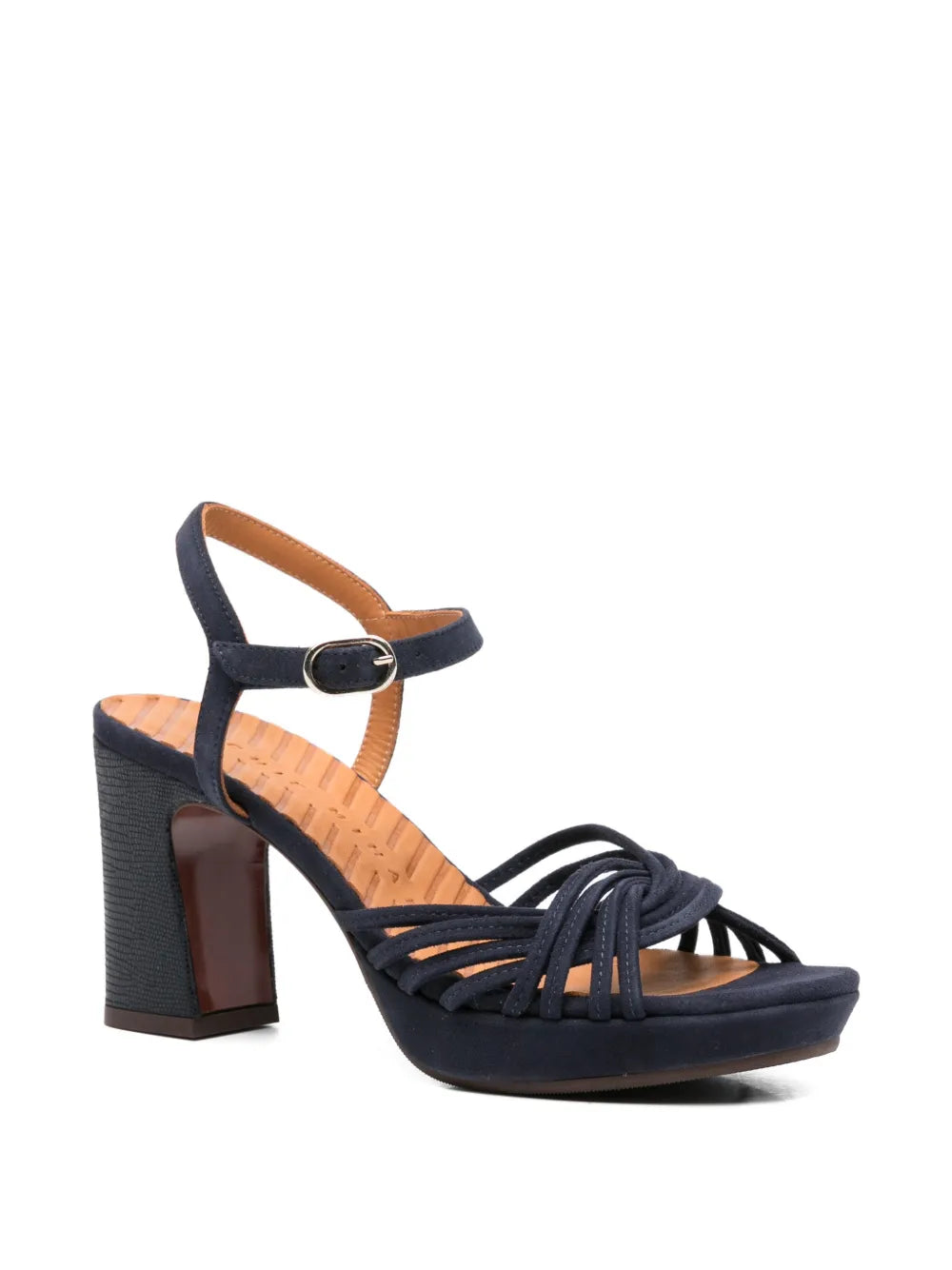 Chie Mihara Keske women's navy suede platform sandal, knotted multi-strap and ankle buckle, high block heel