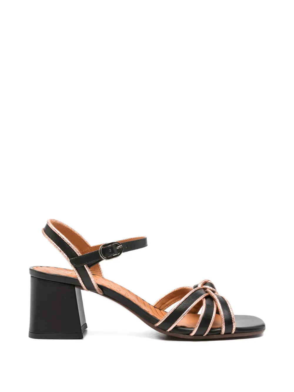 Chie Mihara Leilah black leather sandal with rose gold metallic trim, knotted straps and block heel, handmade in Spain