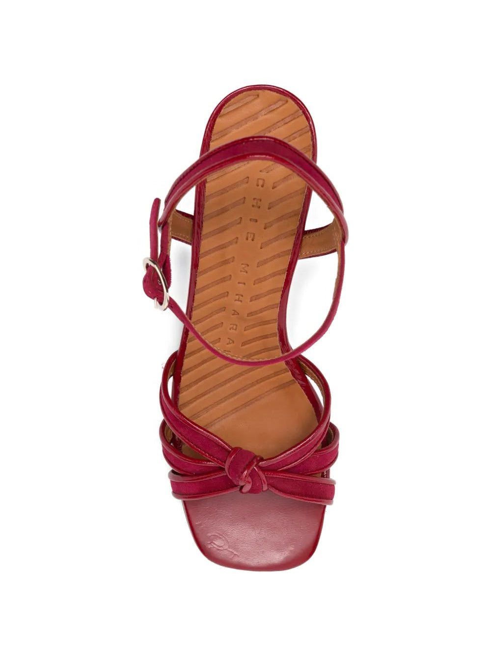 Chie Mihara Leilah red patent leather knotted strap sandal, leather insole with brand stamp