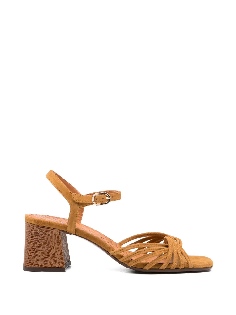 Chie Mihara Leske cognac suede sandal with knotted multi-straps and lizard texture block heel, handmade in Spain