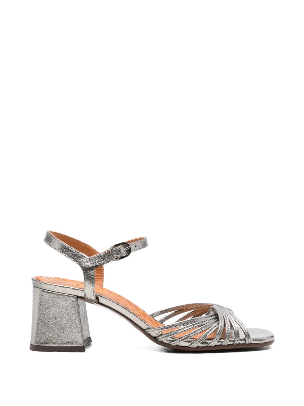 Chie Mihara Leske iron metallic crackle leather sandal with knotted multi-straps and block heel, handmade in Spain