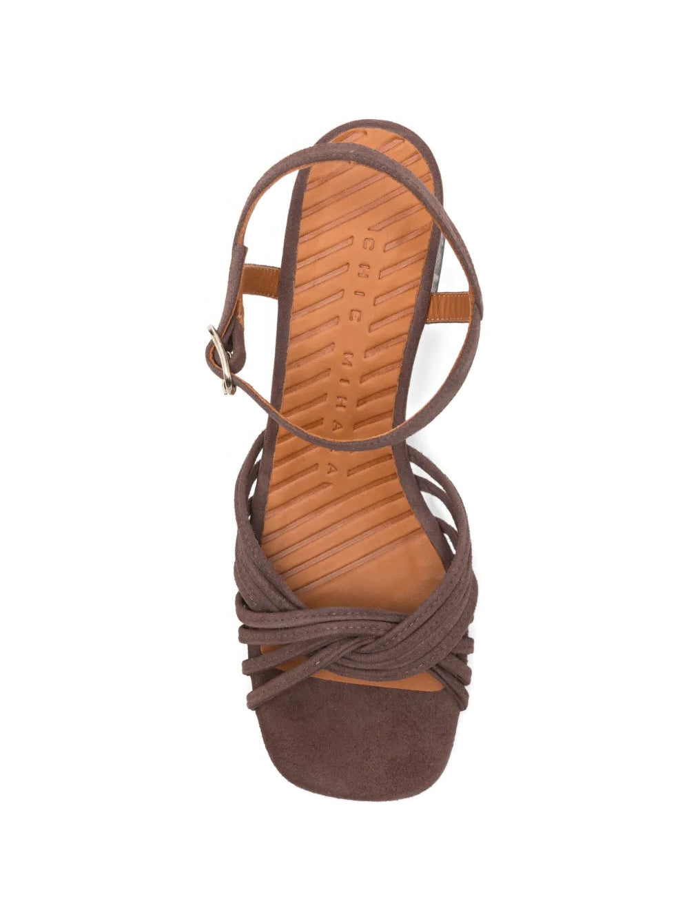 Chie Mihara Leske mousse suede knotted multi-strap sandal, leather insole with brand stamp, snake heel detail