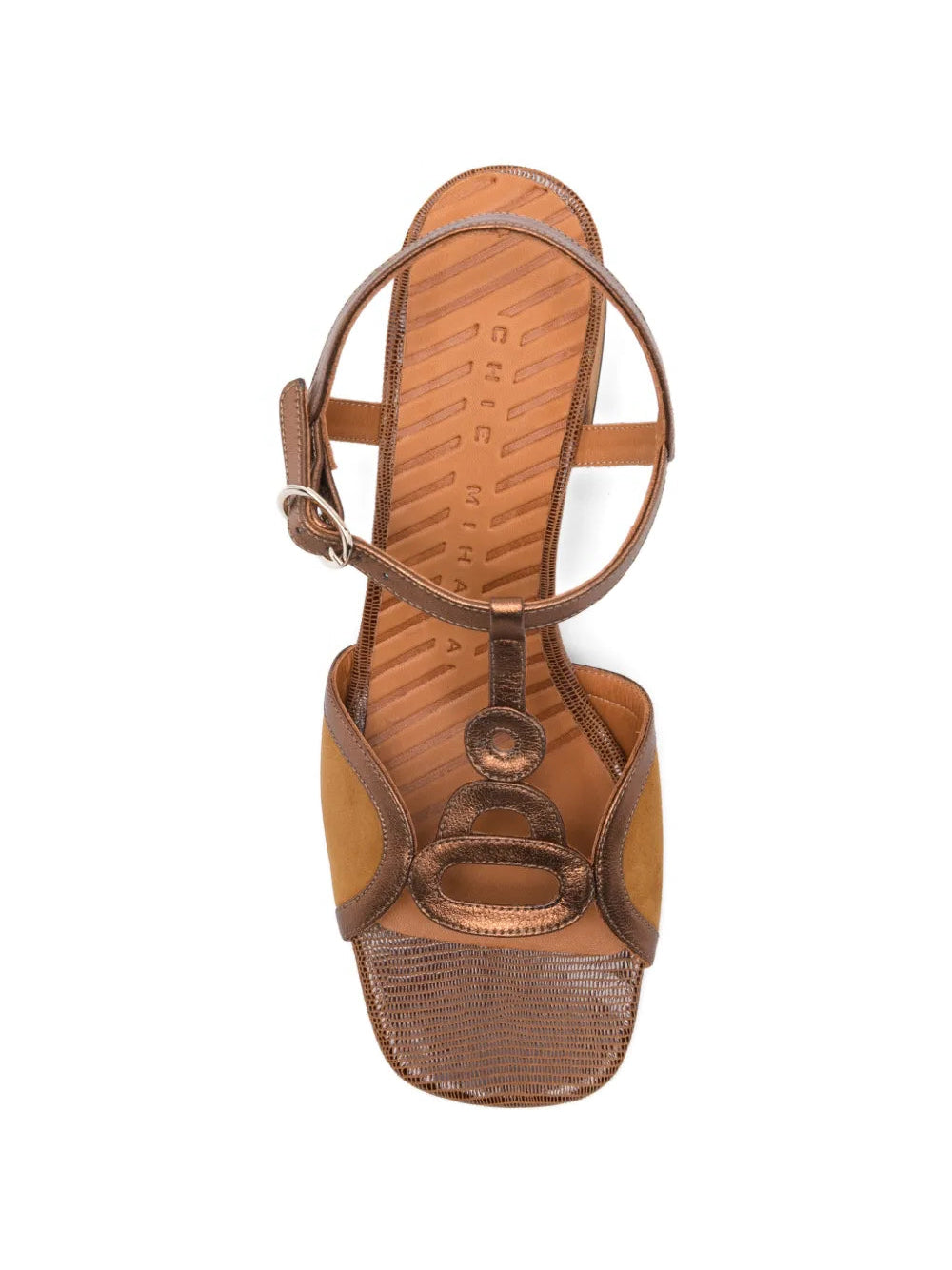 Chie Mihara Letouche cognac and bronze metallic slingback sandal, lizard embossed block heel and ankle buckle