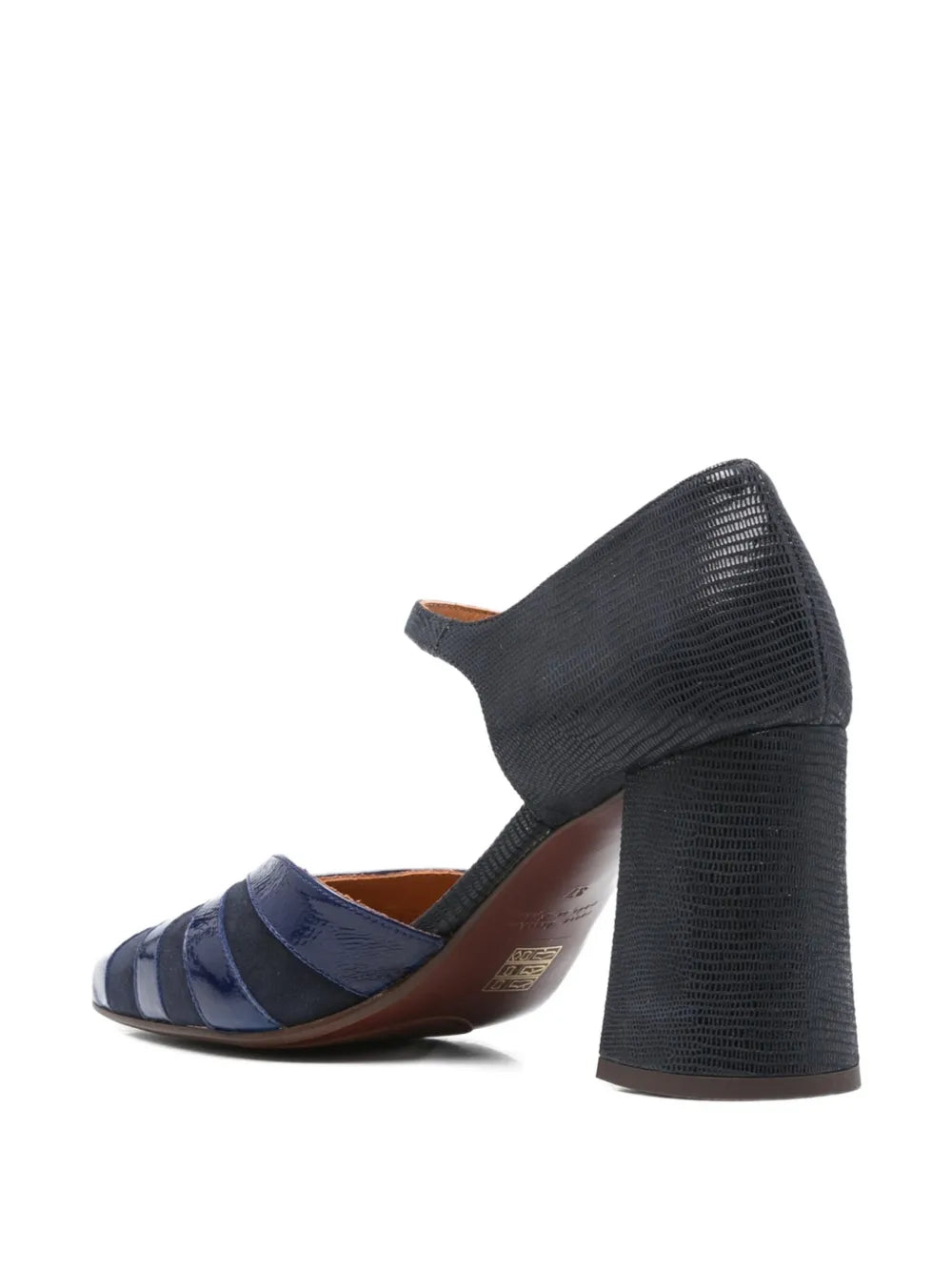 Chie Mihara Lolai women's navy blue suede and patent leather Mary Jane shoes with fan straps and high block heel, European designer shoes made in Spain