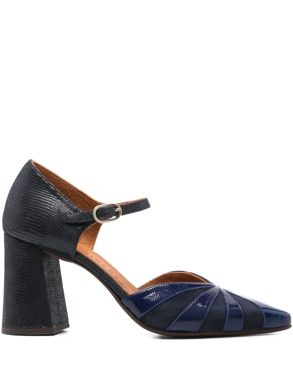Chie Mihara Lolai navy blue suede heels with laminated patent leather details, pointed toe and ankle strap, handmade in Spain