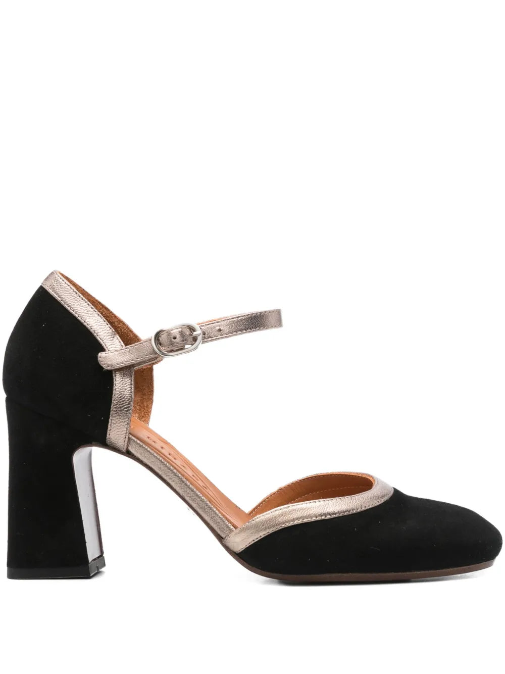 Chie Mihara Maisi black suede and champagne metallic leather ankle strap pump with high block heel, handmade in Spain


