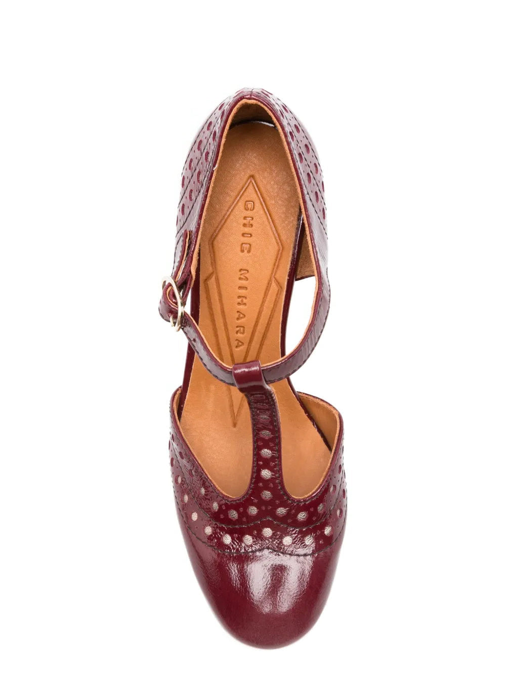 Chie Mihara Mante wine red patent leather brogue T-strap pump, high block heel and ankle strap buckle, artisan leather shoes

