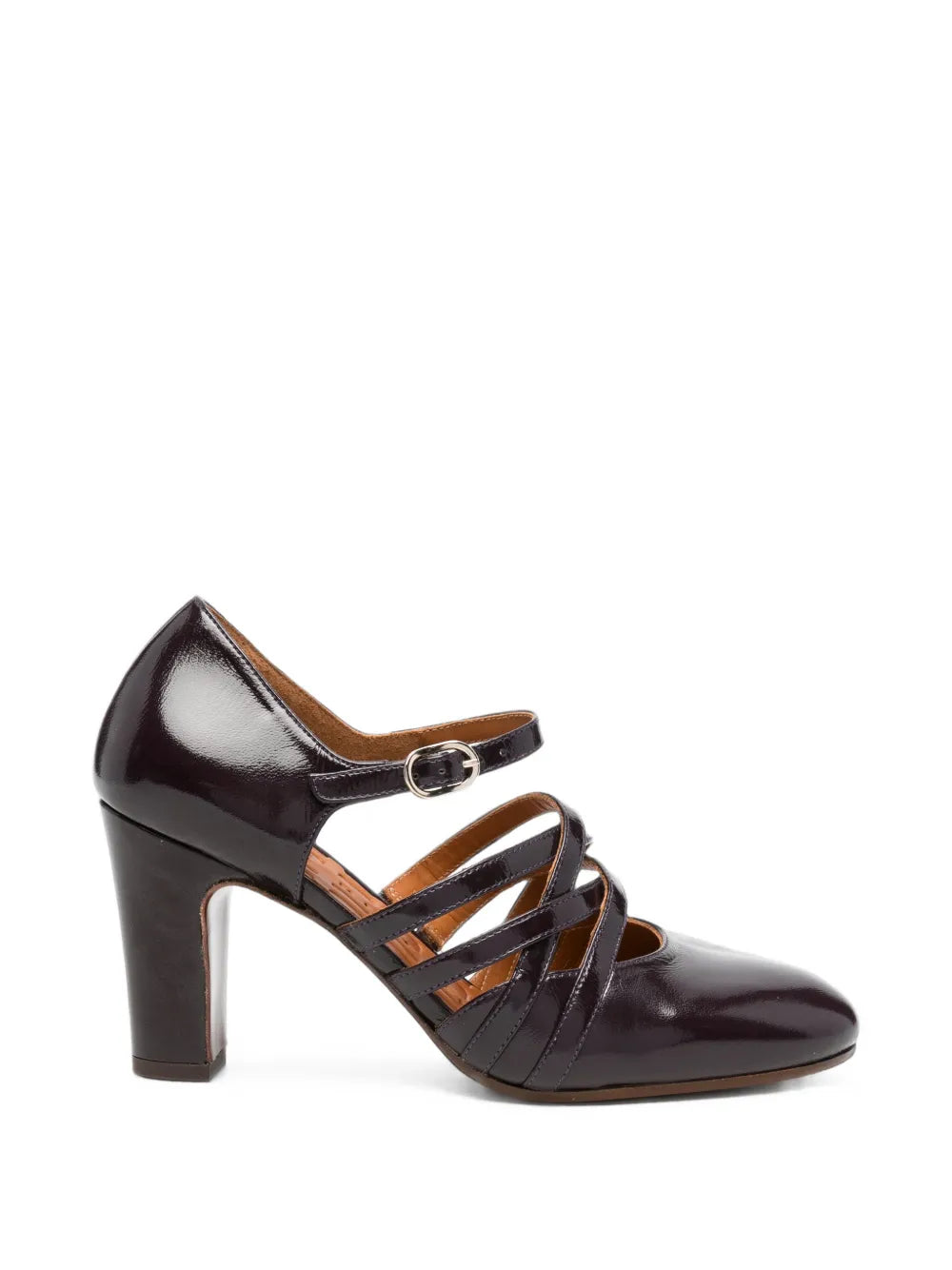 Chie Mihara MATCH high heel shoe with crossed straps in glossy grape purple leather