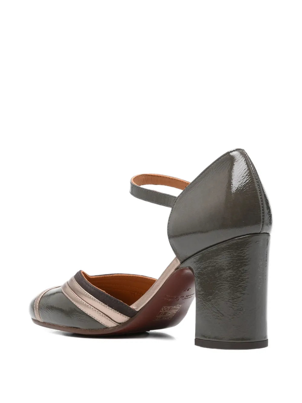 Chie Mihara Merman women's asphalt grey crinkle patent leather and steel metallic cross-strap pump, high block heel, European designer shoes made in Spain

