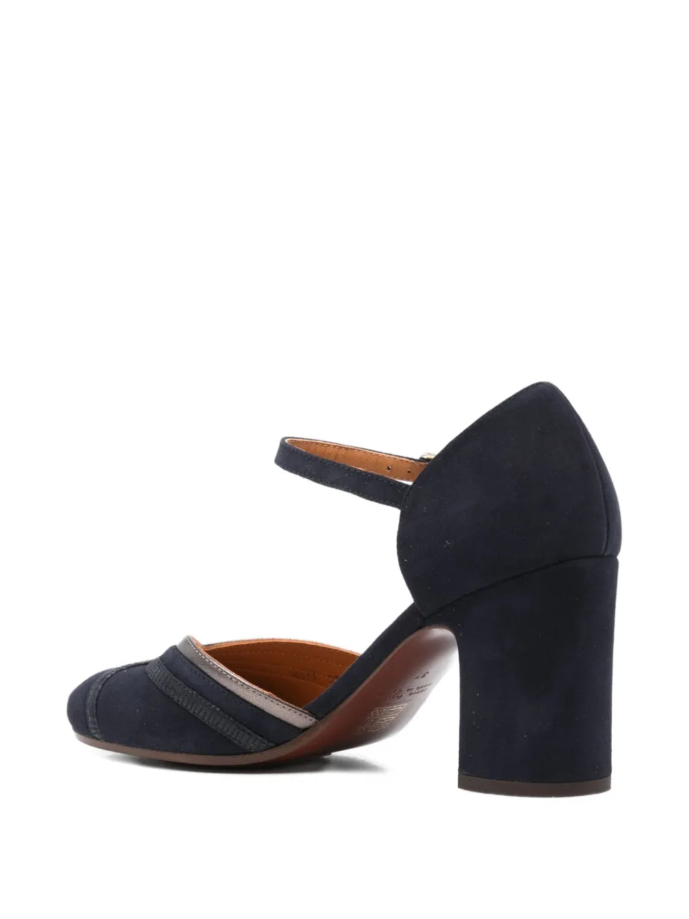 Chie Mihara Merman women's navy blue suede and iron lizard print leather cross-strap pump, high block heel, European designer shoes made in Spain