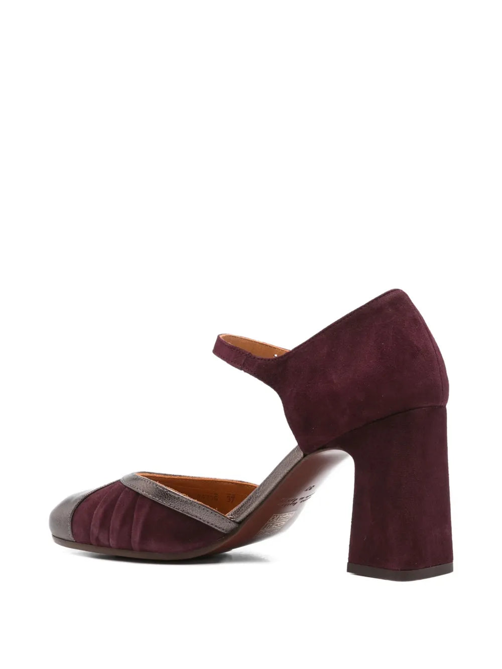 Chie Mihara Mindel burgundy suede and steel leather pumps with pleated detail and 8 cm block heel, handmade in Spain