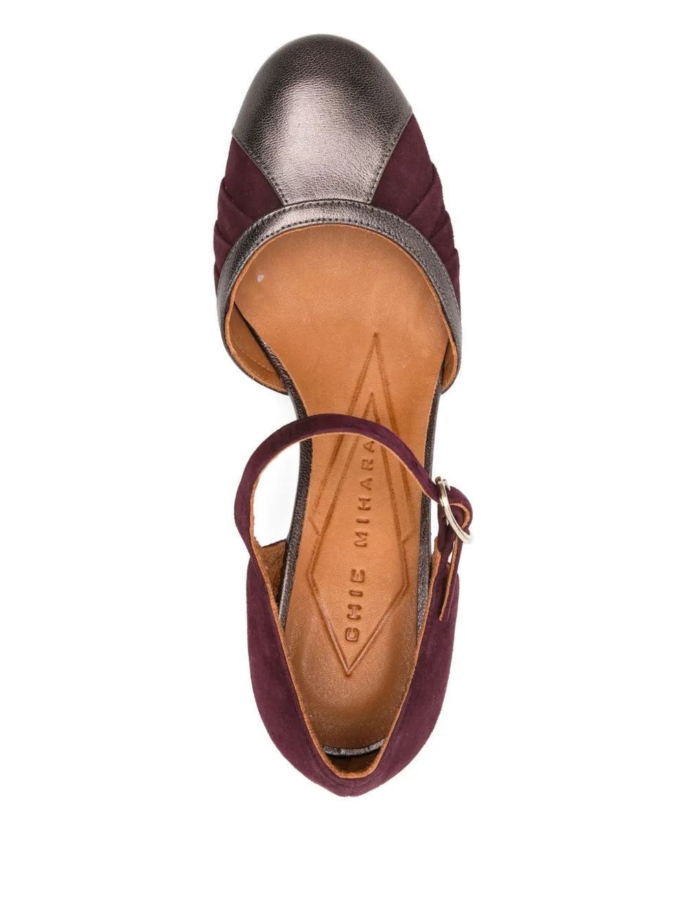 Chie Mihara Mindel burgundy suede and steel leather pumps with pleated detail and 8 cm block heel, handmade in Spain