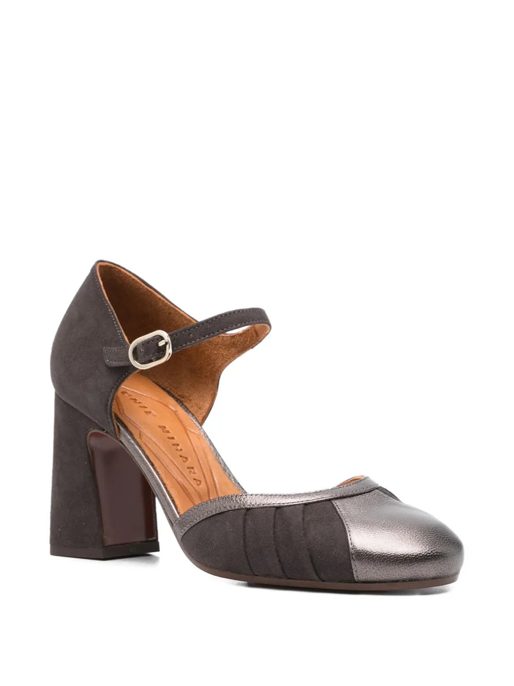 Chie Mihara Mindel dark grey suede and pewter metallic leather Mary Jane shoes, leather insole known for exceptional comfort and fit, handmade in Spain

