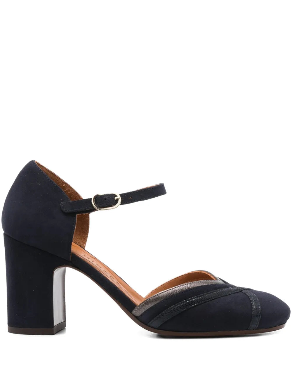 Chie Mihara Mindel navy blue suede and iron metallic leather Mary Jane shoes with high block heel, handmade in Spain

