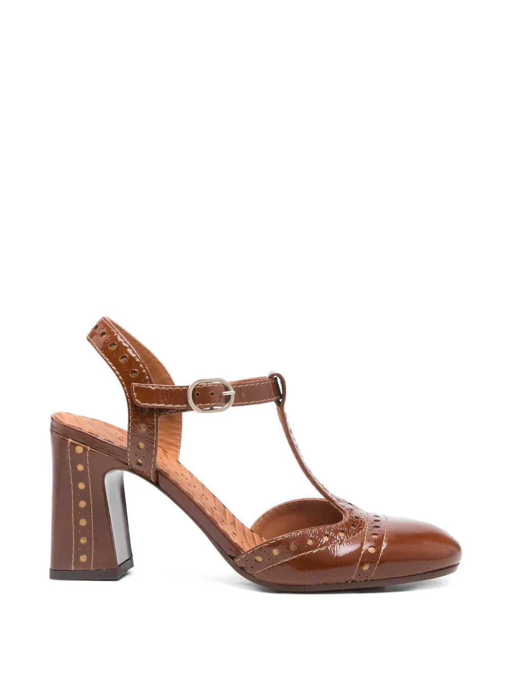 Chie Mihara Mira chestnut patent leather heel sandal 7cm block heel with bronze details made in Spain