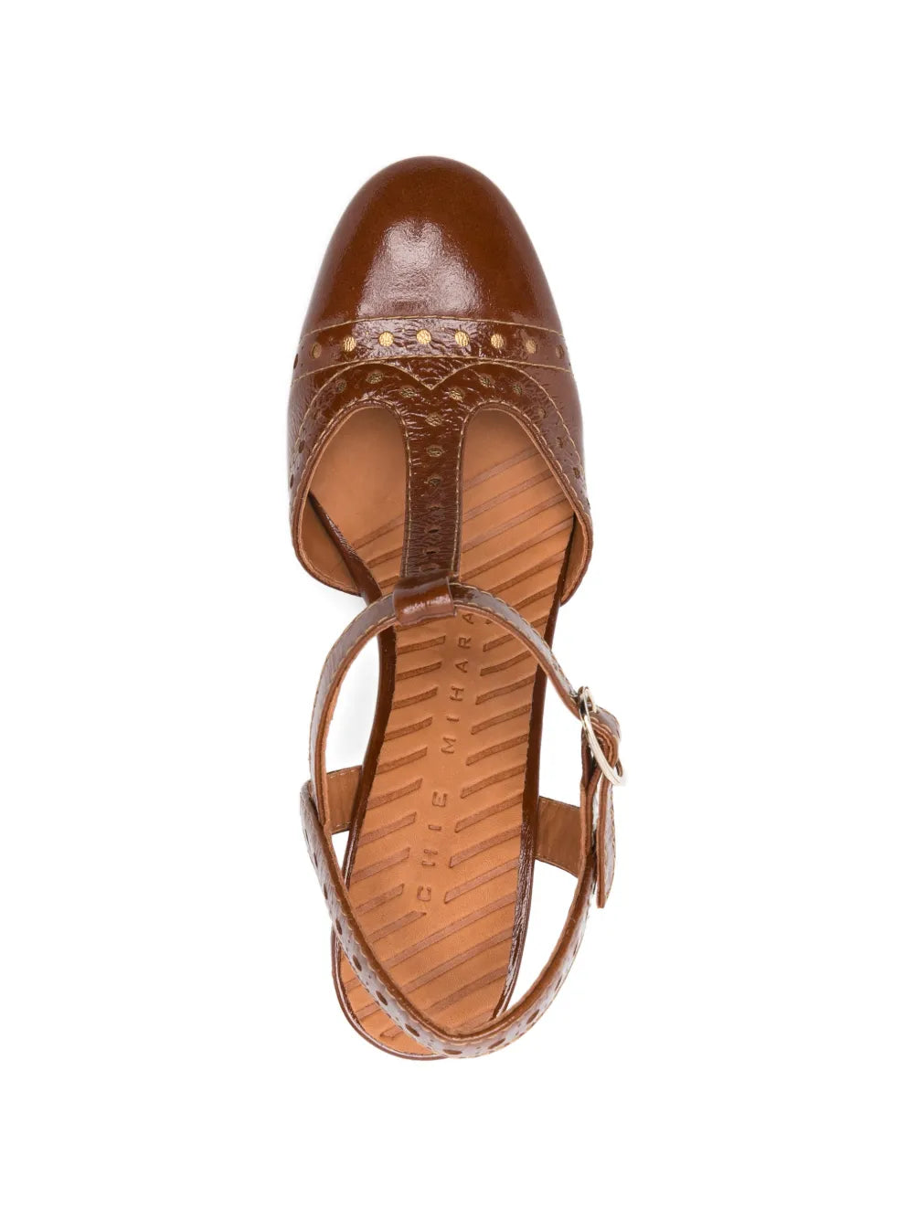 Chie Mihara Mira chestnut patent leather heel sandal 7cm block heel with bronze details made in Spain