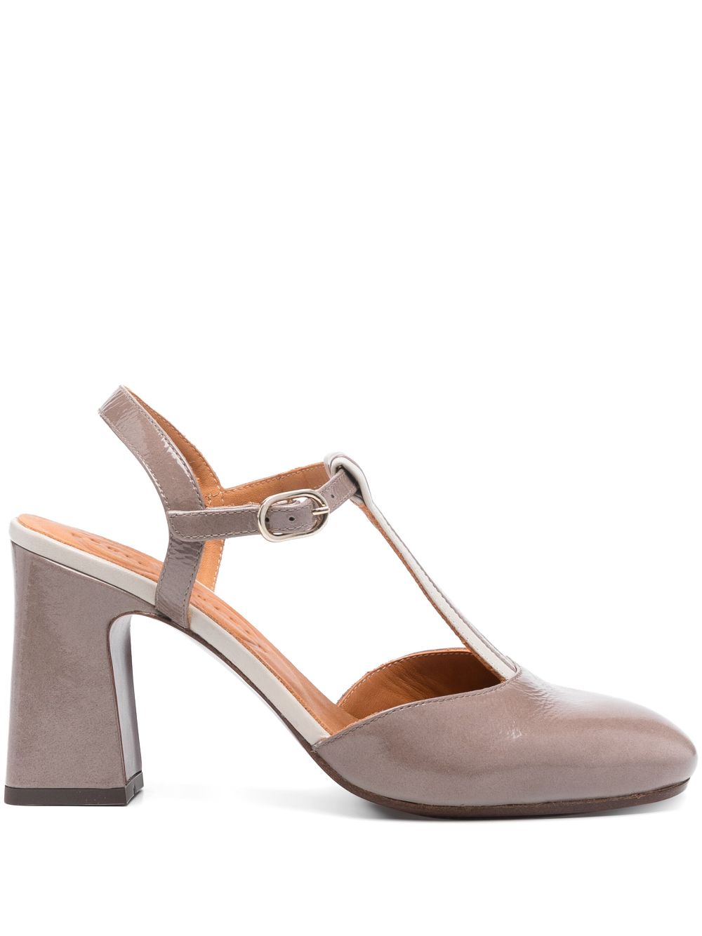 Chie Mihara Missy taupe grey patent leather and cream T-bar slingback pump with high block heel, handmade in Spain

