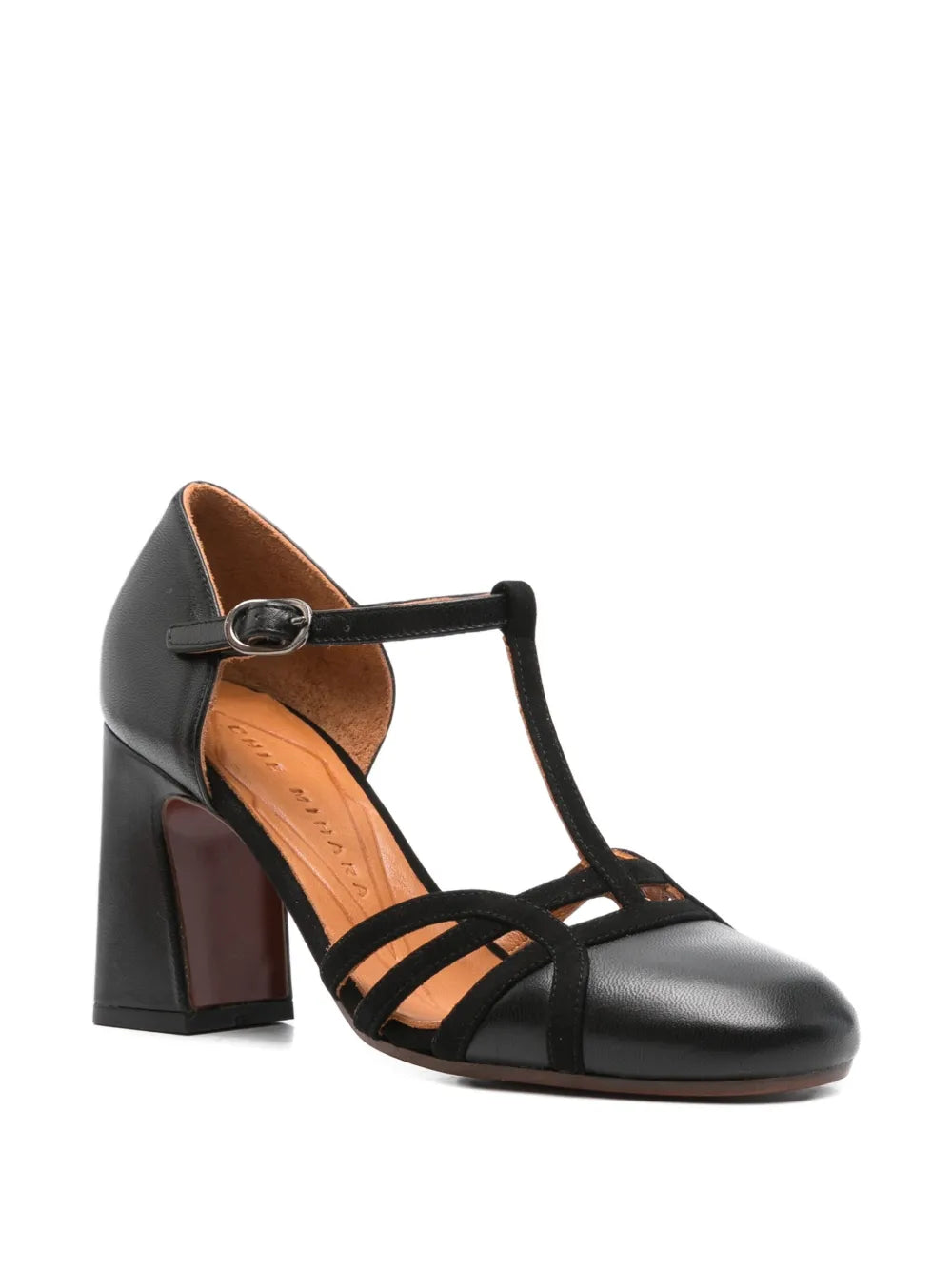 Chie Mihara Mizan black suede low block heel shoes with black leather straps and square toe, handmade in Spain