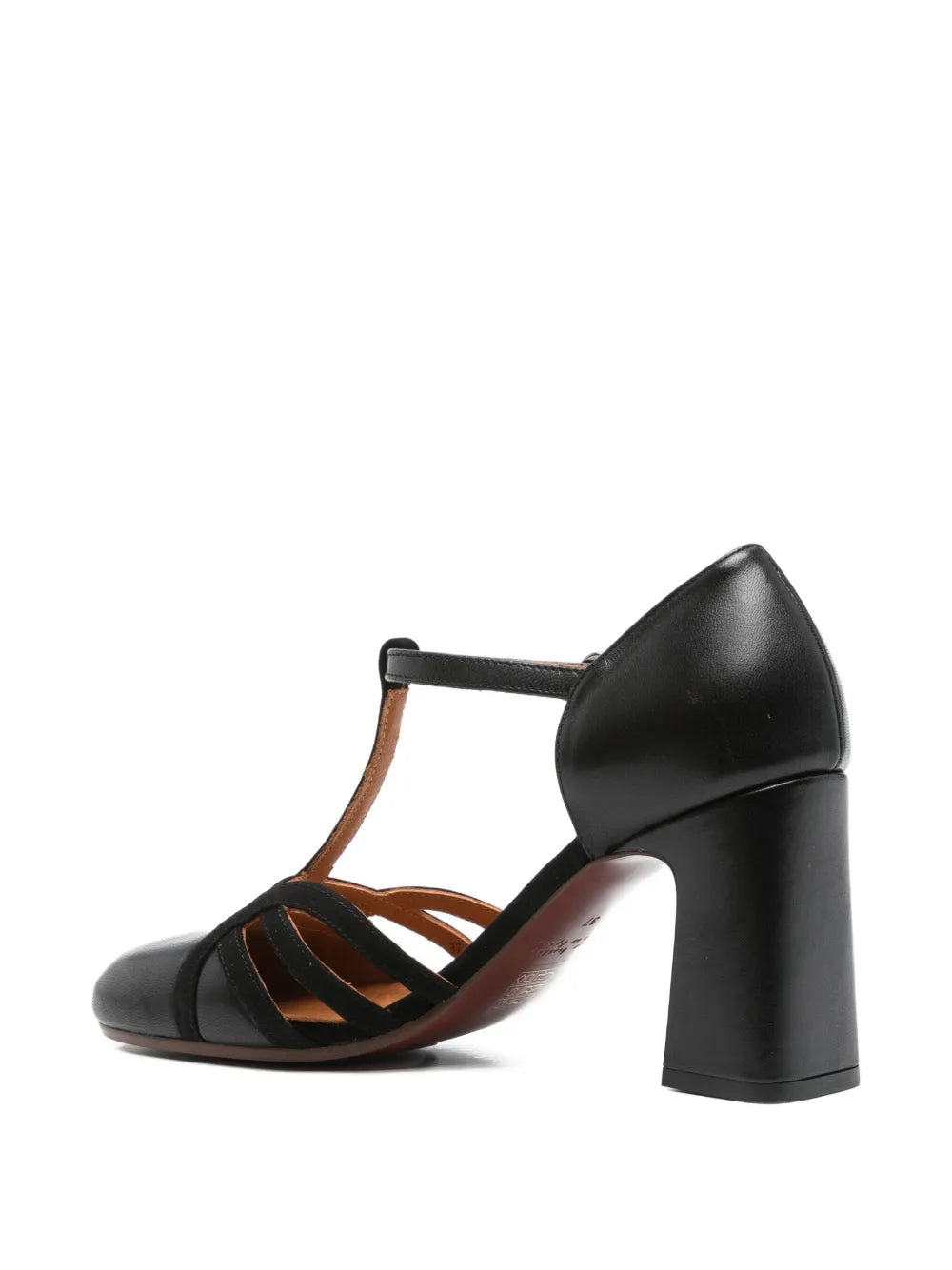 Chie Mihara Mizan black suede low block heel shoes with black leather straps and square toe, handmade in Spain
