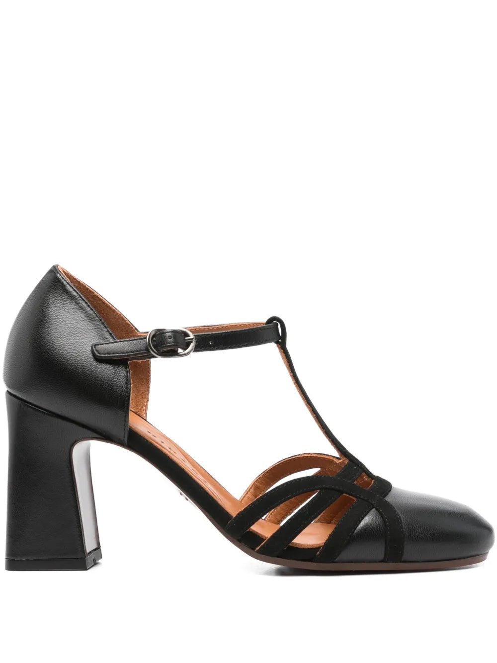 Chie Mihara Mizan black suede low block heel shoes with black leather straps and square toe, handmade in Spain