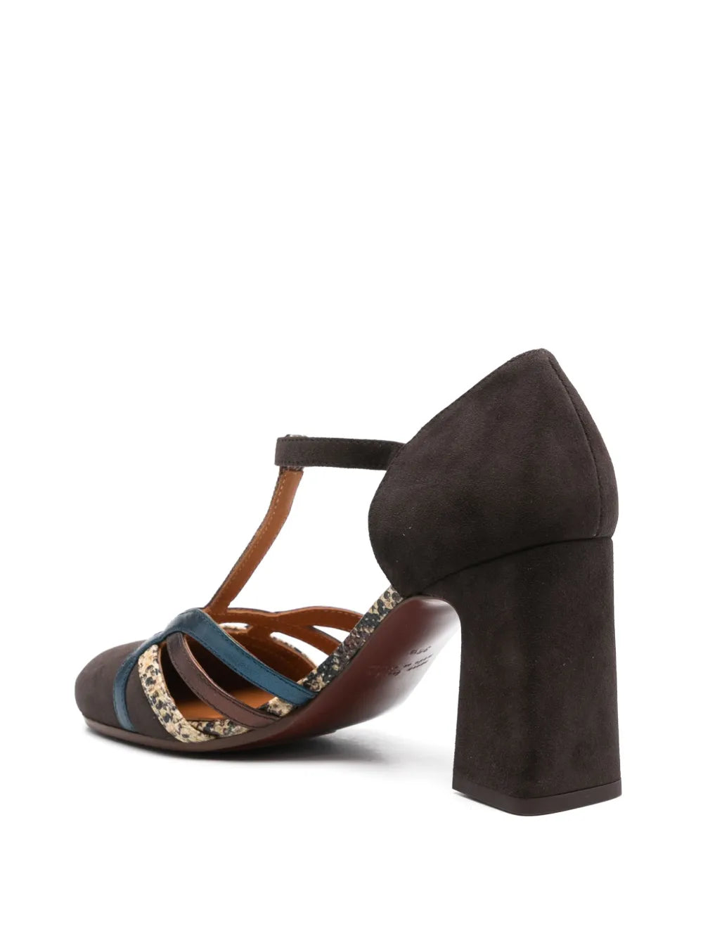 Chie Mihara Mizan unique heel design, dark brown suede and teal metallic T-bar pump, European designer shoes luxury everyday footwear

