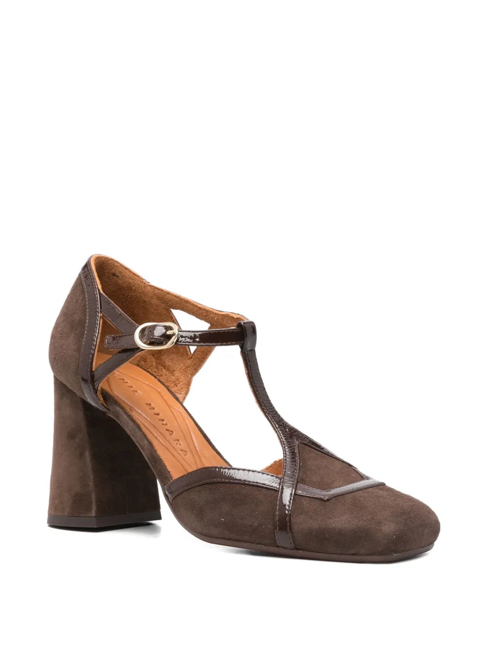 Chie Mihara Odessy chocolate brown suede and patent leather T-strap pump, high flared block heel and ankle strap buckle, artisan leather shoes

